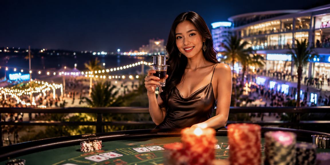 Người chơi thưởng thức Baccarat live casino tại khu nghỉ dưỡng Phú Quốc bên tách cà phê Việt